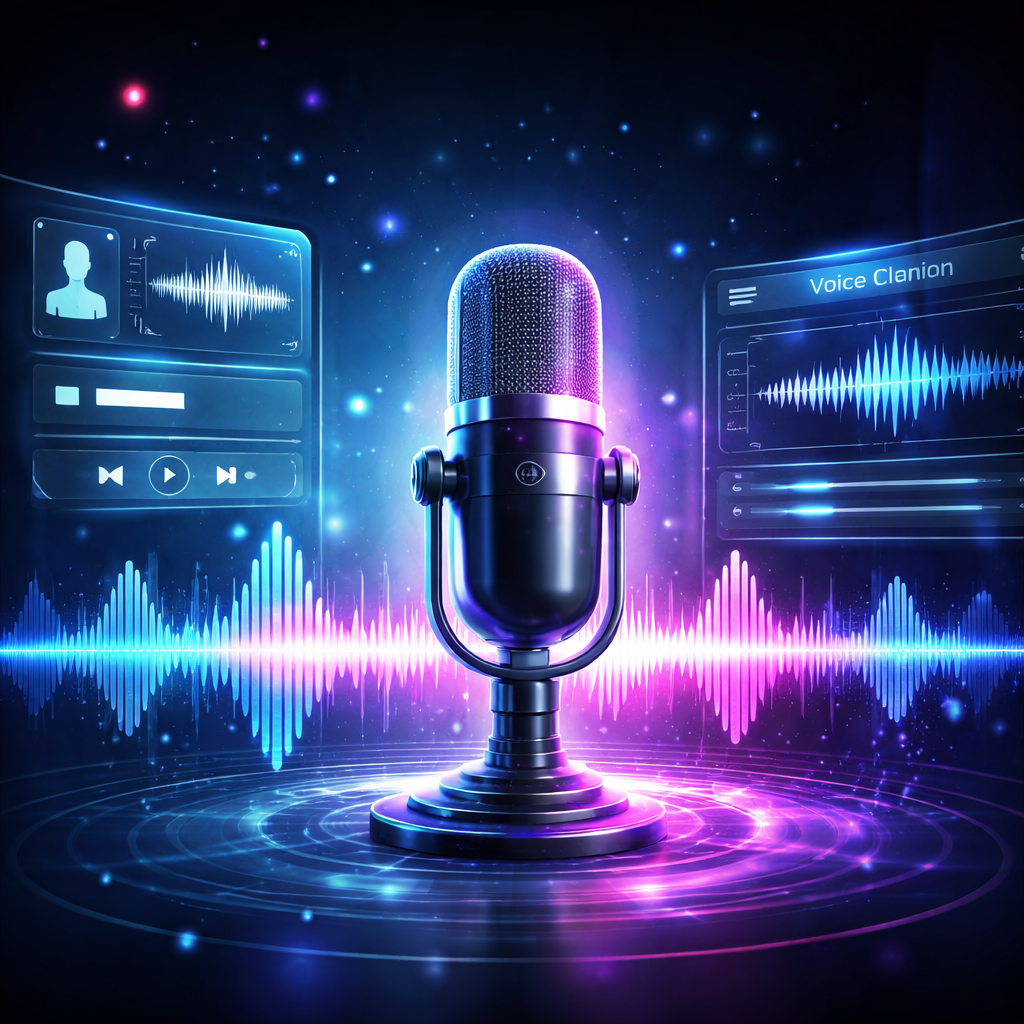 AI voice cloning tools generating realistic digital speech using artificial intelligence technology.