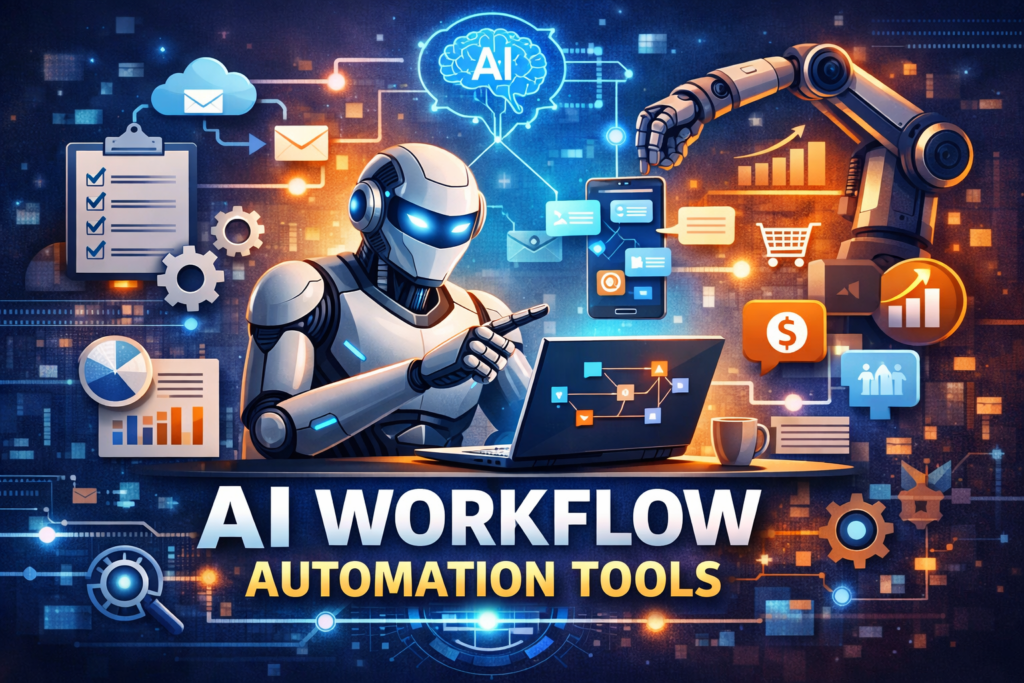 AI workflow automation tools dashboard with AI robot automating business processes and digital workflows